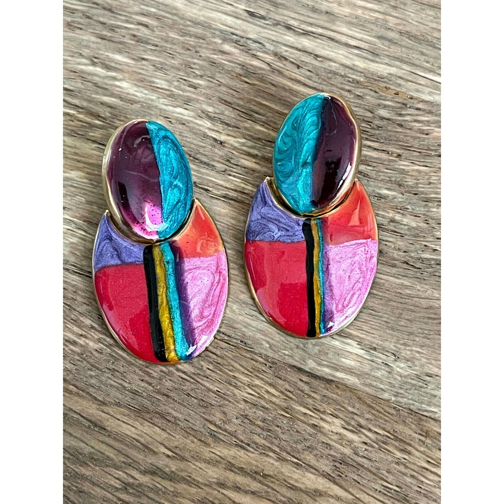 Vintage Dangle Pierced Ear Gold Retro Earrings Metallic Paint Mod 60s 80s